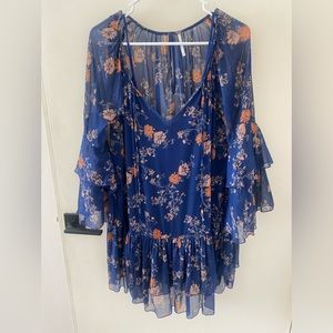 Free People Dress |Navy Floral Flowy Dress w/ Slip | Color: Blue/Orange Size: XS
